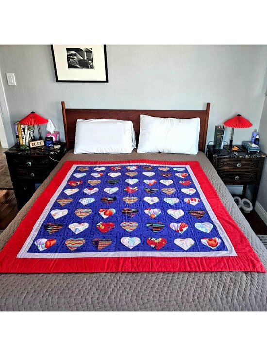 Handmade Other - Heart Quilt Handmade Red Purple Cotton Applique 54x50